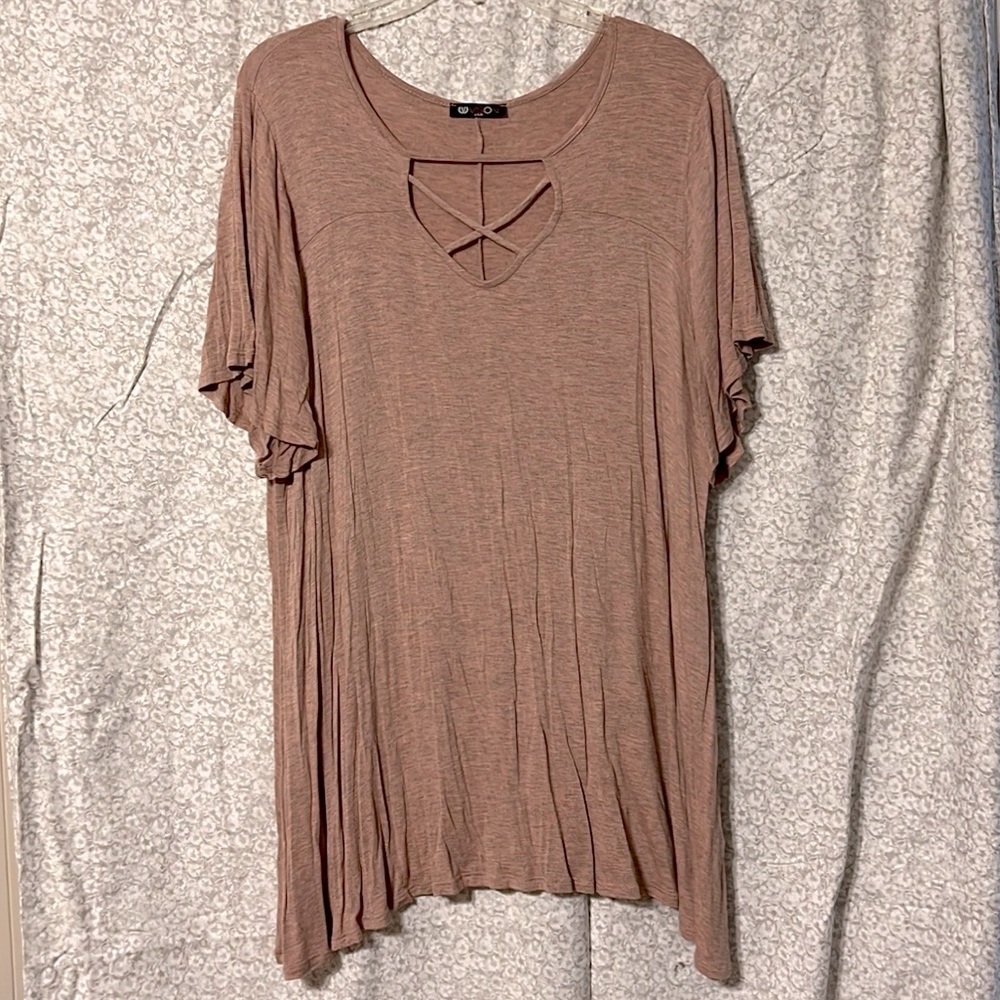 Pink & Grey Heather Short-Sleeve Tee with V-Neck Detail